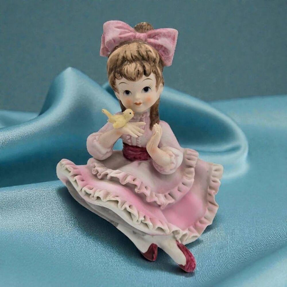 Lefton Japan Hand Painted China Figurine Girl in Pink Ruffled Dress Yellow Bird